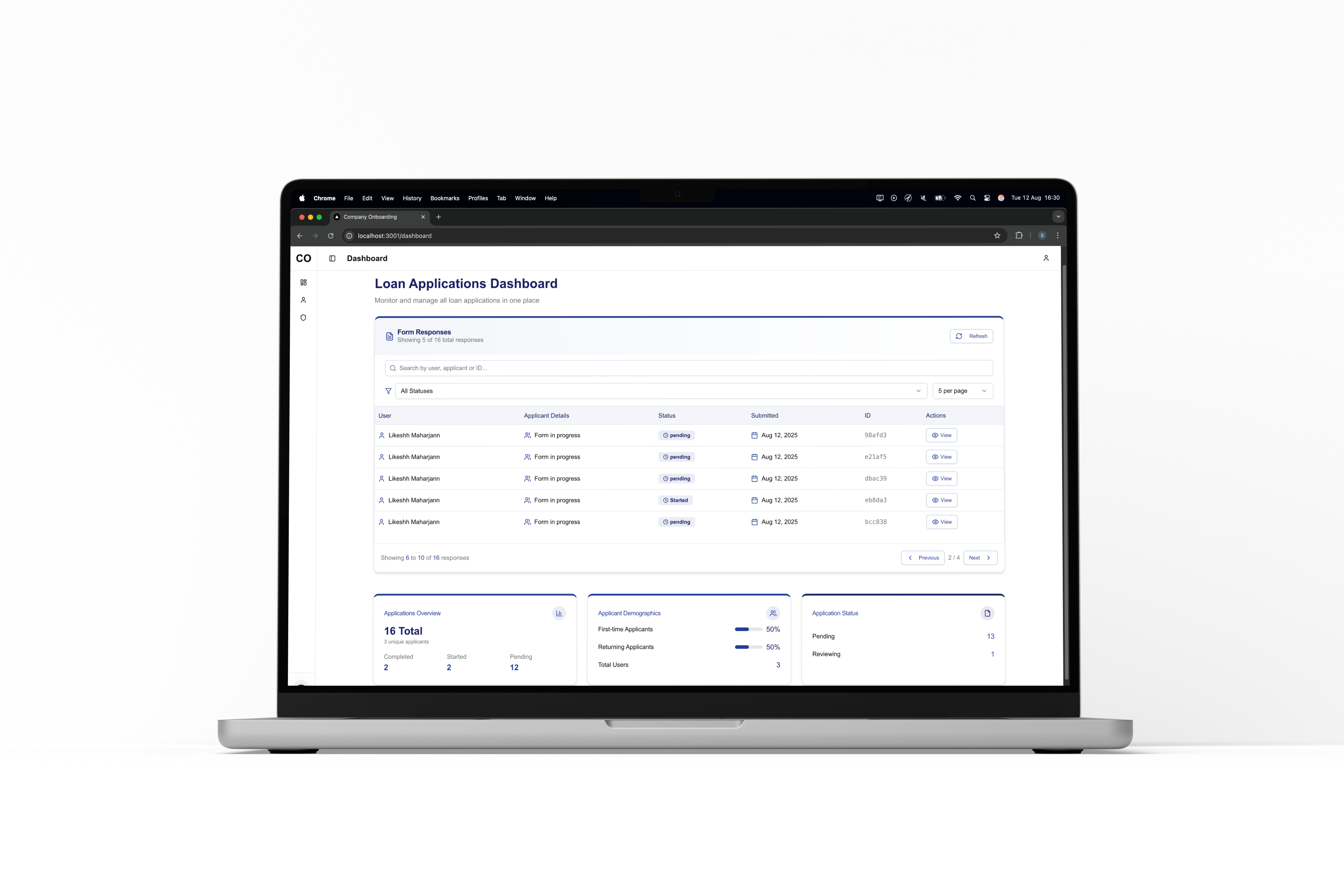 All Applications dashboard with status filters and summary statistics